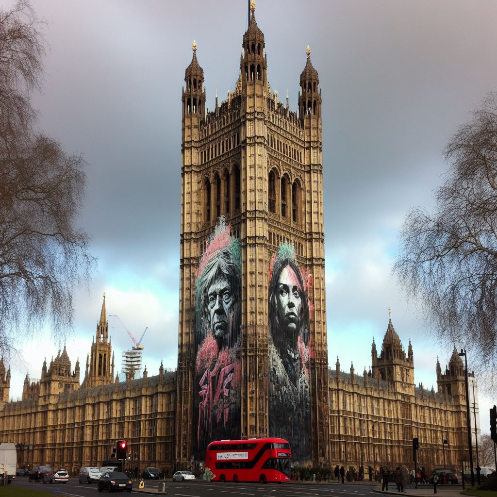 Big Ben met graffiti op de buitenmuren